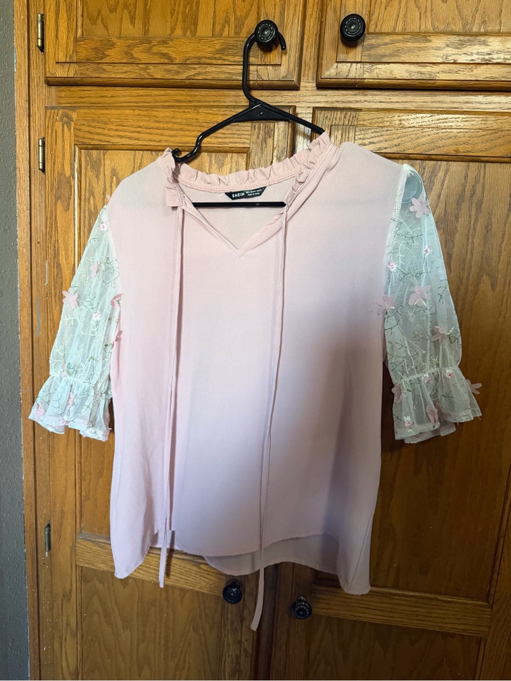 SHEIN Blush Pink Top with Floral Lace Sleeves